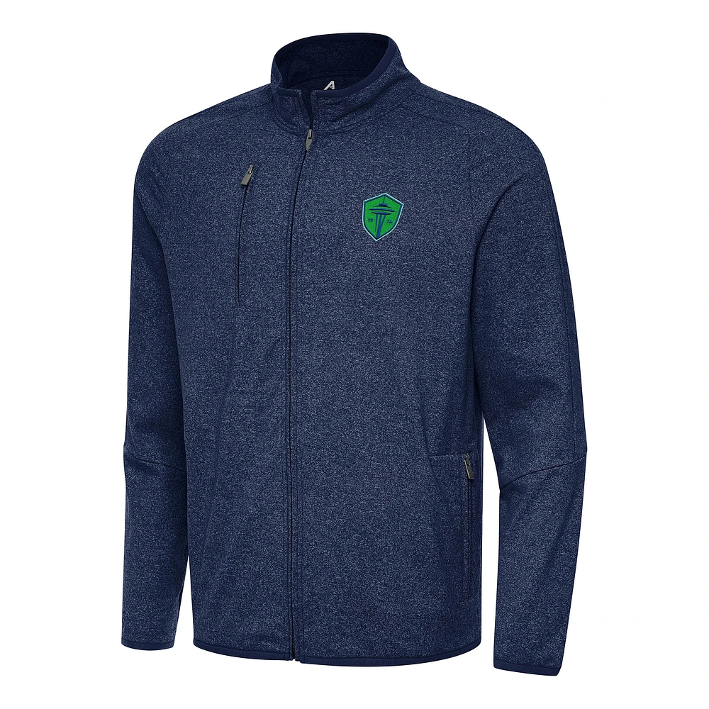 Men's Antigua Heather Navy Seattle Sounders FC Hold-Up Tri-Blend Full-Zip Jacket