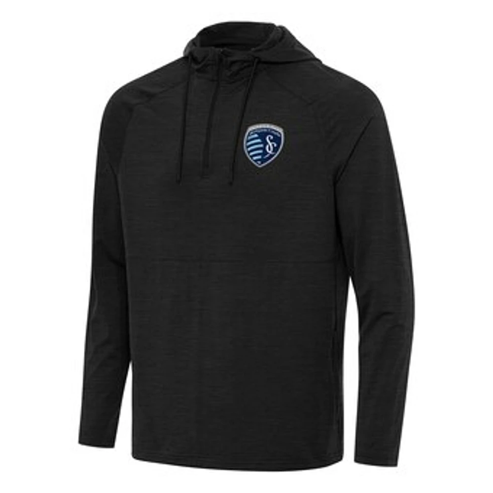 Men's Antigua Heather Black Sporting Kansas City Spikes Raglan Quarter-Zip Hoodie