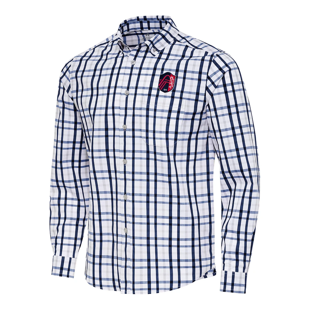 Men's Antigua Navy/Gray St. Louis City SC Tending 2 Tri-Blend Long Sleeve Button-Down Shirt