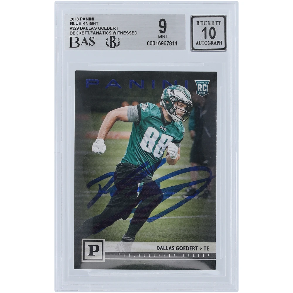 Dallas Goedert Philadelphia Eagles Autographed 2018 Panini Blue Knight #329 Beckett Fanatics Witnessed Authenticated 9/10 Rookie Card
