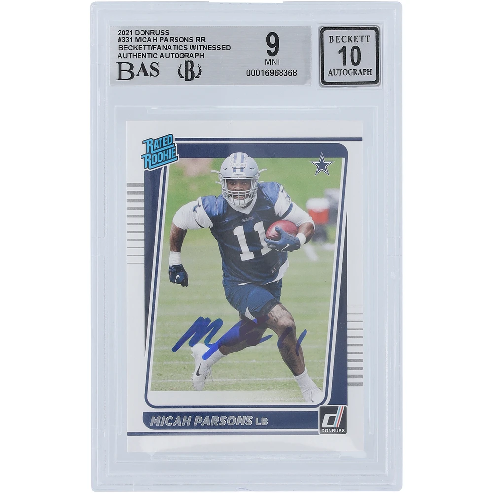 Micah Parsons Dallas Cowboys Autographed 2021 Panini Donruss #331 Beckett Fanatics Witnessed Authenticated 9/10 Rookie Card