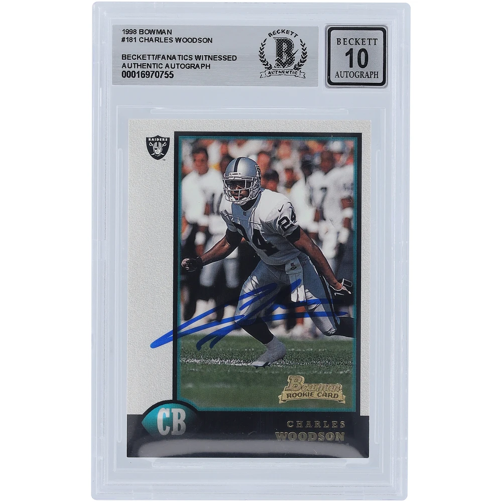 Charles Woodson Oakland Raiders Autographed 1998 Bowman #181 Beckett Fanatics Witnessed Authenticated 10 Rookie Card
