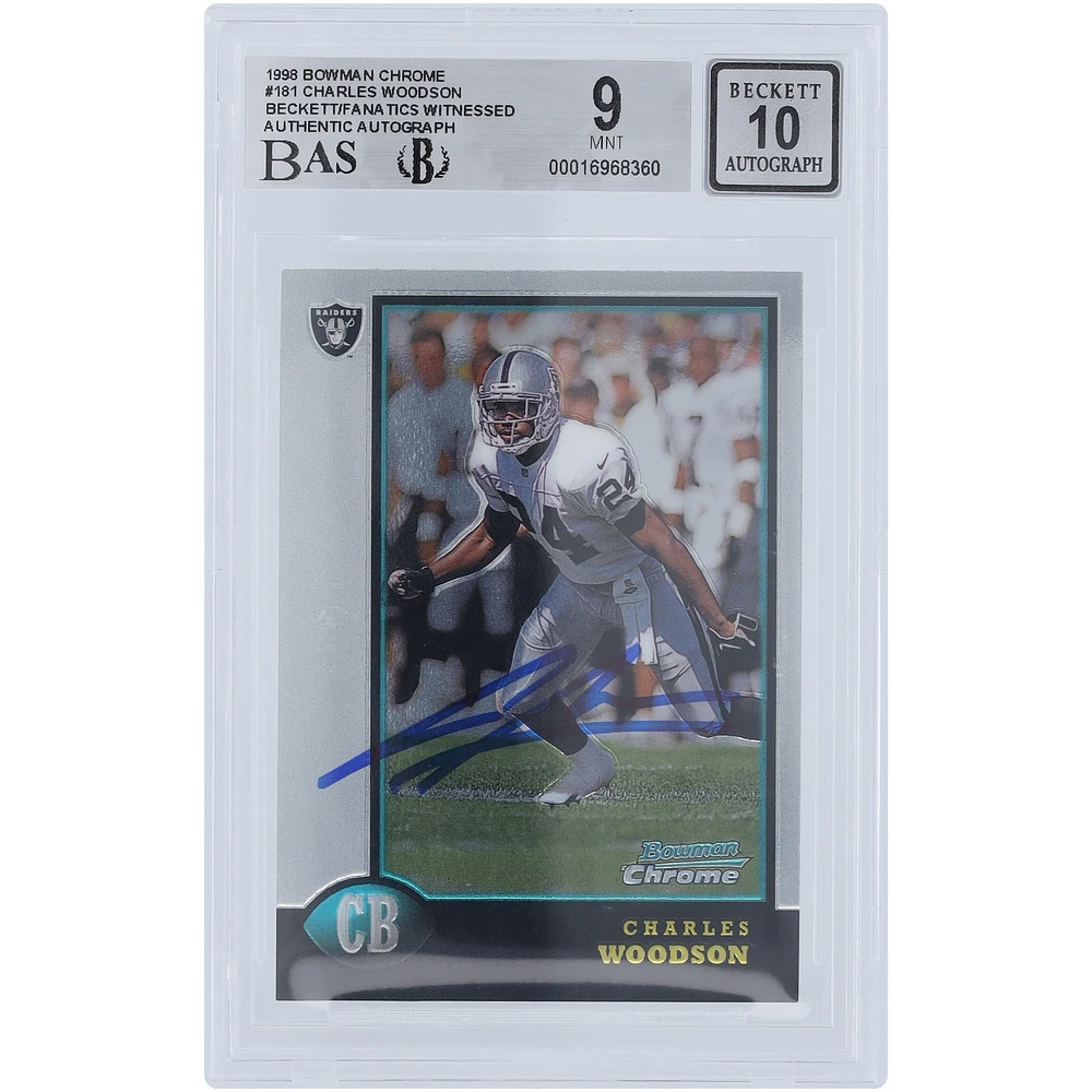 Charles Woodson Oakland Raiders Autographed 1998 Bowman Chrome #181 Beckett Fanatics Witnessed Authenticated Rookie Card
