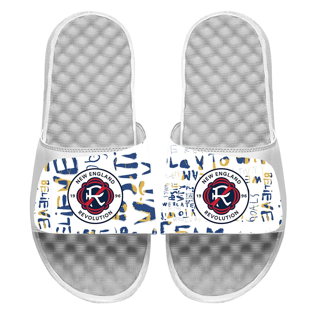 Youth ISlide White New England Revolution Kick Cancer Slide Sandals