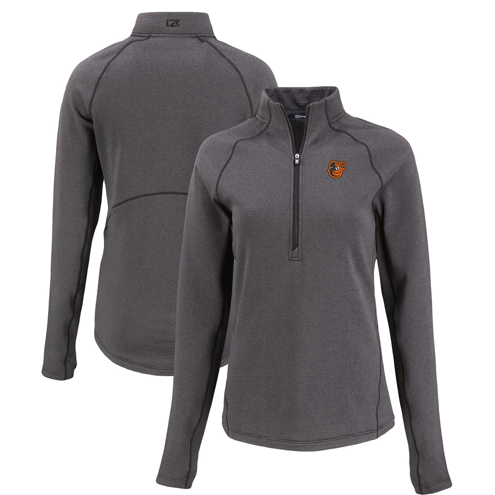 Women's Cutter & Buck Heather Black Baltimore Orioles Peshastin Eco Fleece Recycled Raglan Half-Zip Top