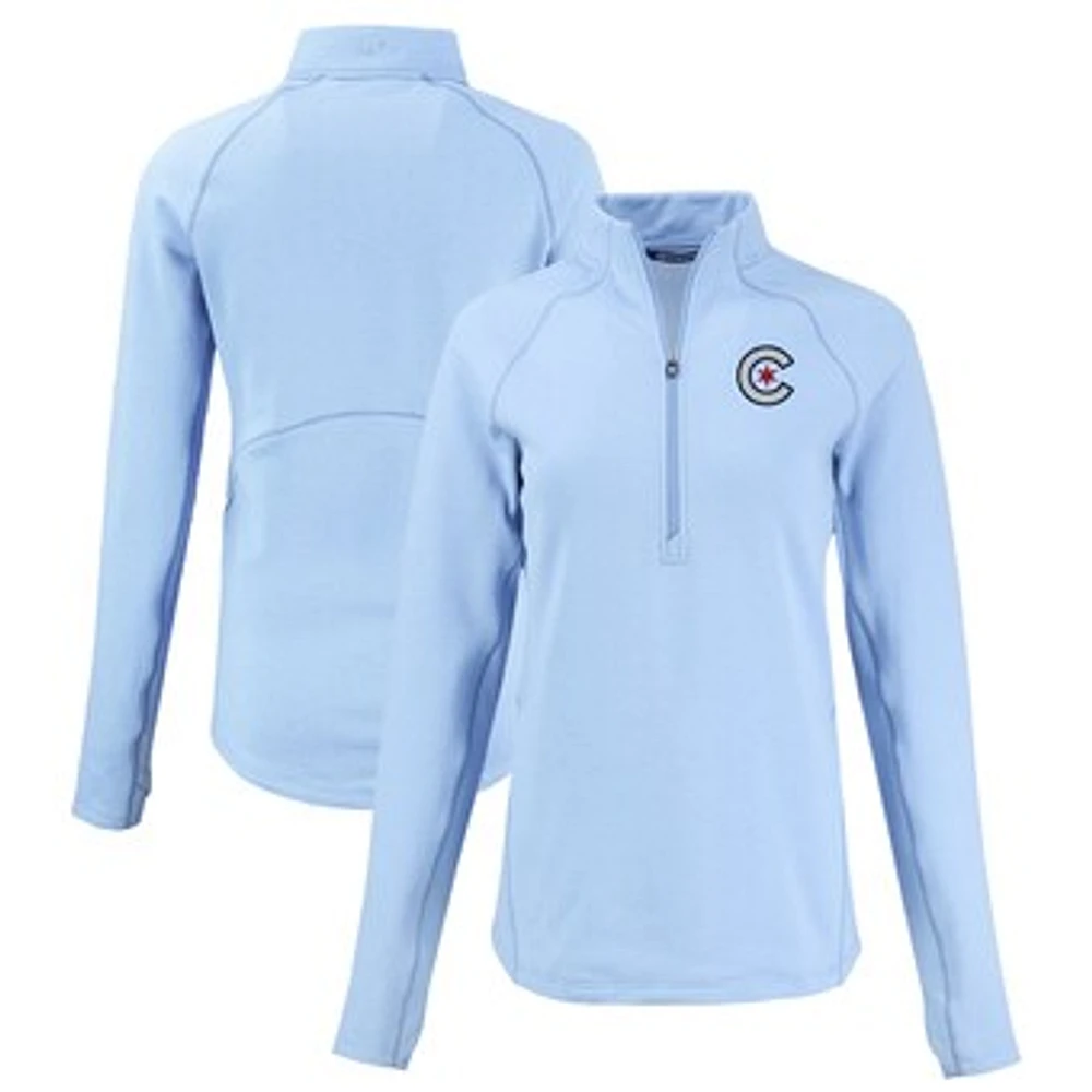 Women's Cutter & Buck Heather Light Blue Chicago Cubs Peshastin Eco Fleece Recycled Raglan Half-Zip Top