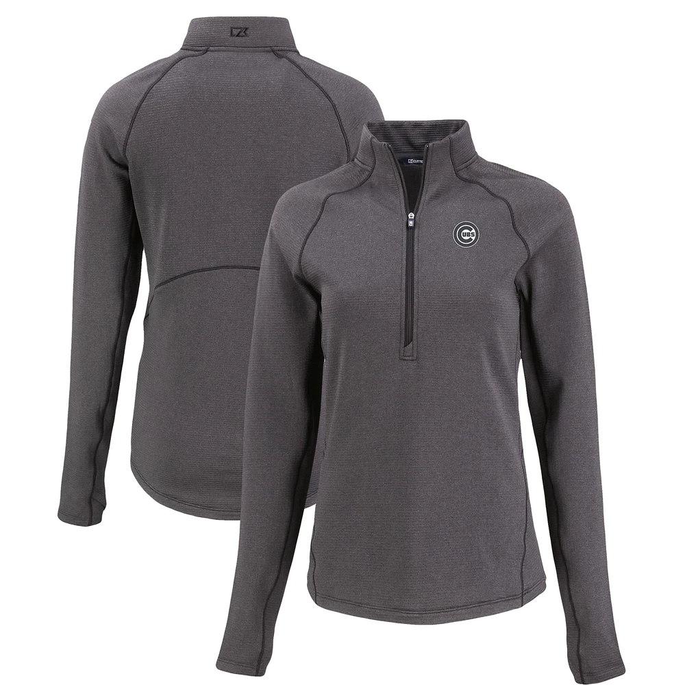Women's Cutter & Buck Heather Black Chicago Cubs Peshastin Eco Fleece Recycled Raglan Half-Zip Top