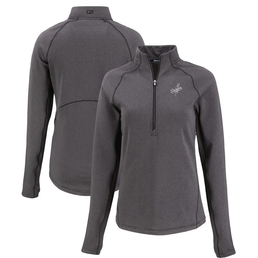 Women's Cutter & Buck Heather Black Los Angeles Dodgers Peshastin Eco Fleece Recycled Raglan Half-Zip Top