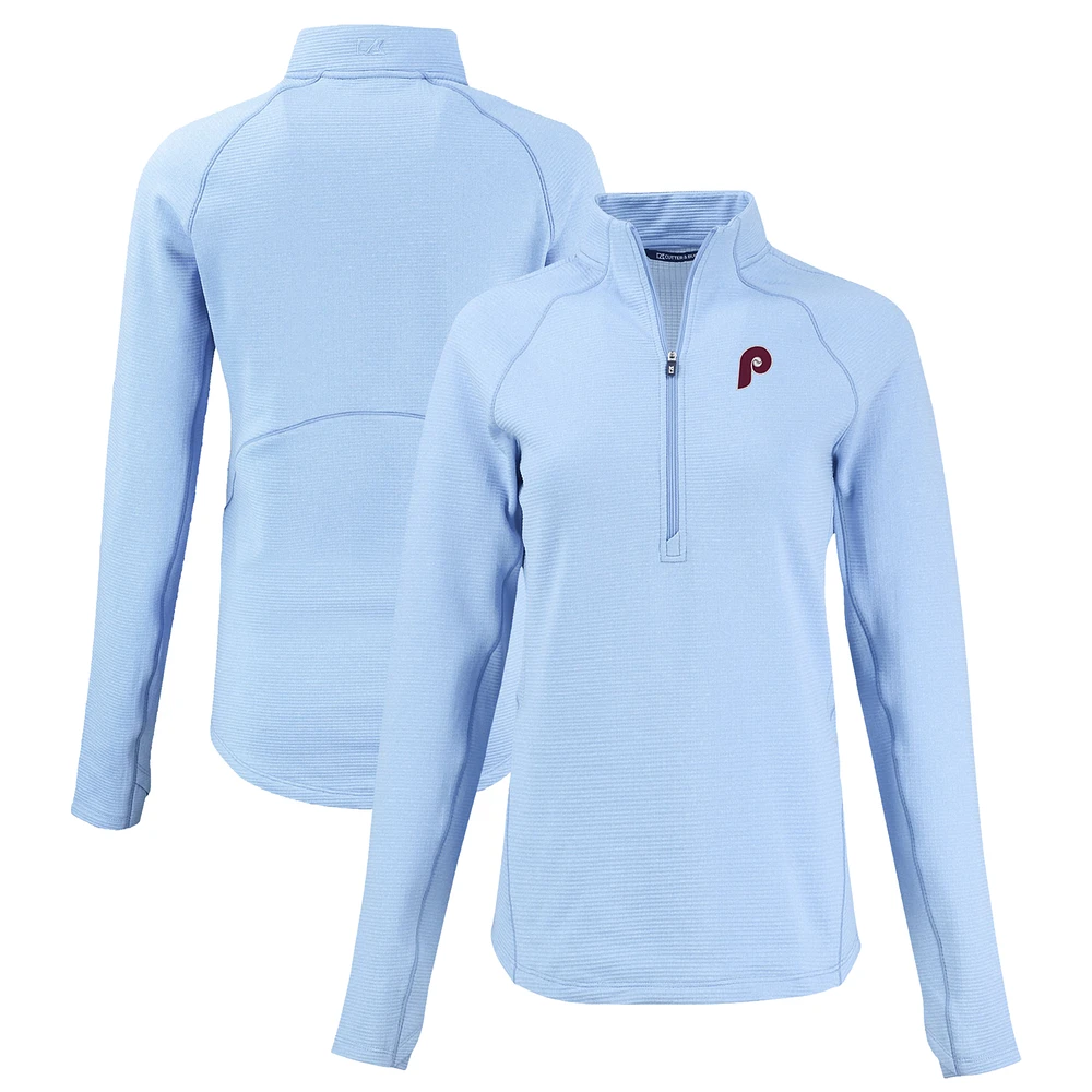 Women's Cutter & Buck Heather Light Blue Philadelphia Phillies Peshastin Eco Fleece Recycled Raglan Half-Zip Top