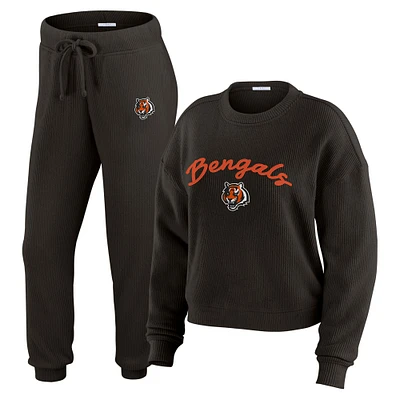 Women's WEAR by Erin Andrews Cream Cincinnati Bengals Plus Size Knitted Tri-Blend Long Sleeve T-Shirt & Pants Lounge Set