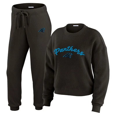 Women's WEAR by Erin Andrews Cream Carolina Panthers Plus Knitted Tri-Blend Long Sleeve T-Shirt & Pants Lounge Set