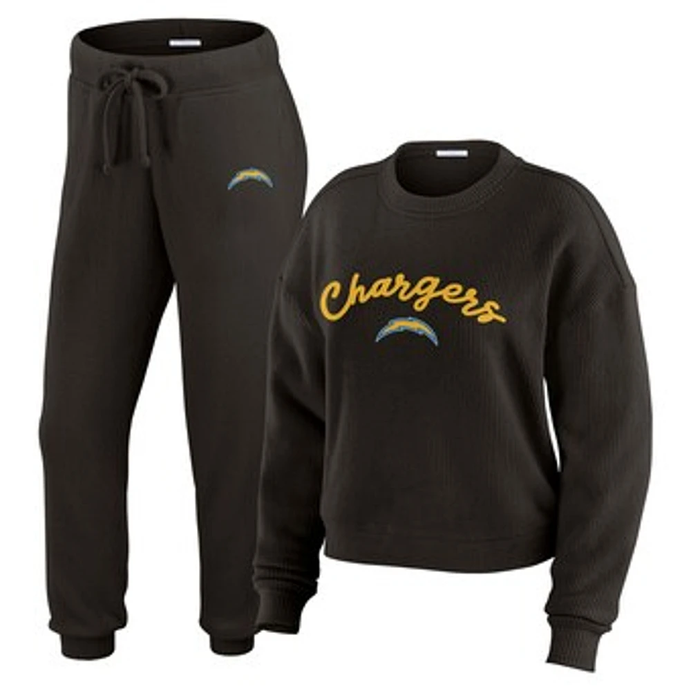 Women's WEAR by Erin Andrews Cream Los Angeles Chargers Plus Size Knitted Tri-Blend Long Sleeve T-Shirt & Pants Lounge Set