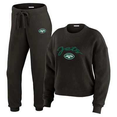 Women's WEAR by Erin Andrews Cream New York Jets Plus Knitted Tri-Blend Long Sleeve T-Shirt & Pants Lounge Set