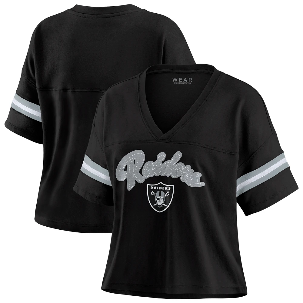 Women's WEAR by Erin Andrews Black/White Las Vegas Raiders Plus Size Color Block Boxy T-Shirt