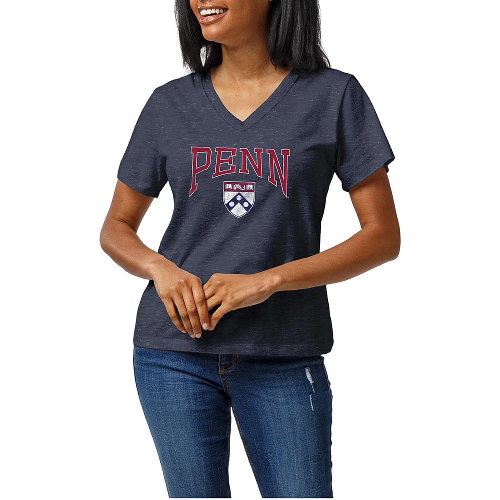 Women's Heather Navy Pennsylvania Quakers Intramural Tri-Blend Boyfriend V-Neck T-Shirt