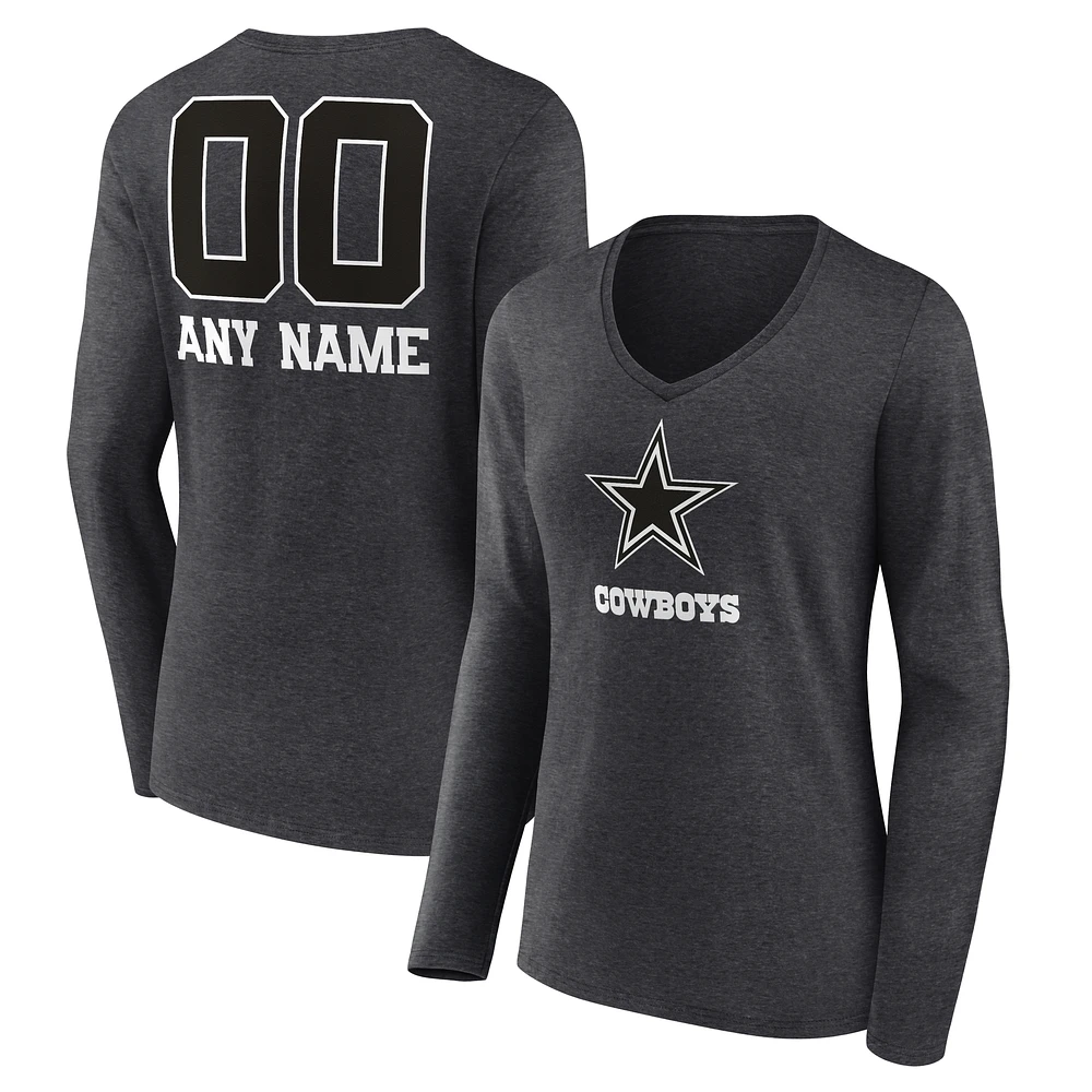 Women's Charcoal Dallas Cowboys Personalized Name & Number Monochrome V-neck T-Shirt
