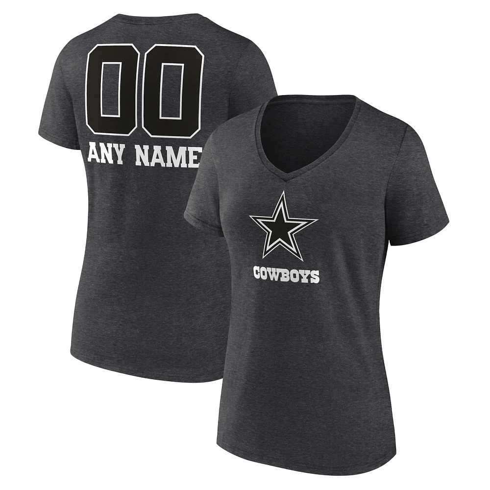 Women's Charcoal Dallas Cowboys Personalized Name & Number Monochrome V-Neck Long Sleeve T-Shirt