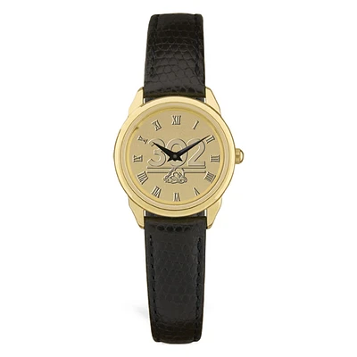 Women's Delaware Fightin' Blue Hens Gold Medallion Black Leather Wristwatch