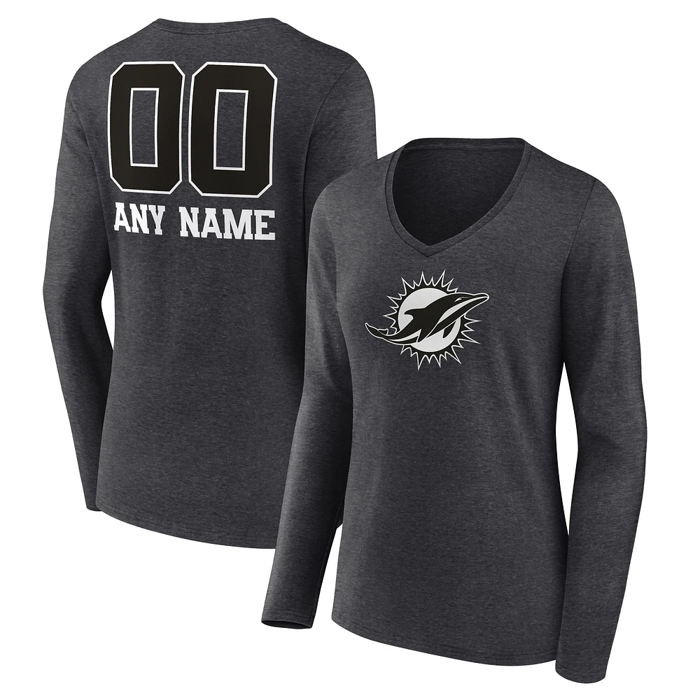 Women's Charcoal Miami Dolphins Personalized Name & Number Monochrome V-neck T-Shirt