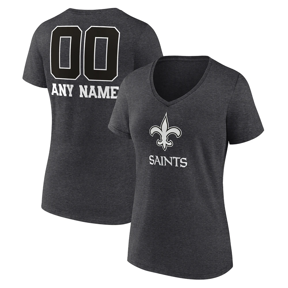 Women's Charcoal New Orleans Saints Personalized Name & Number Monochrome V-Neck Long Sleeve T-Shirt