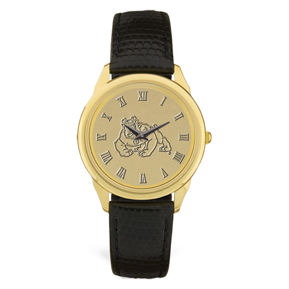 Gold Fresno State Bulldogs Black Leather Wristwatch
