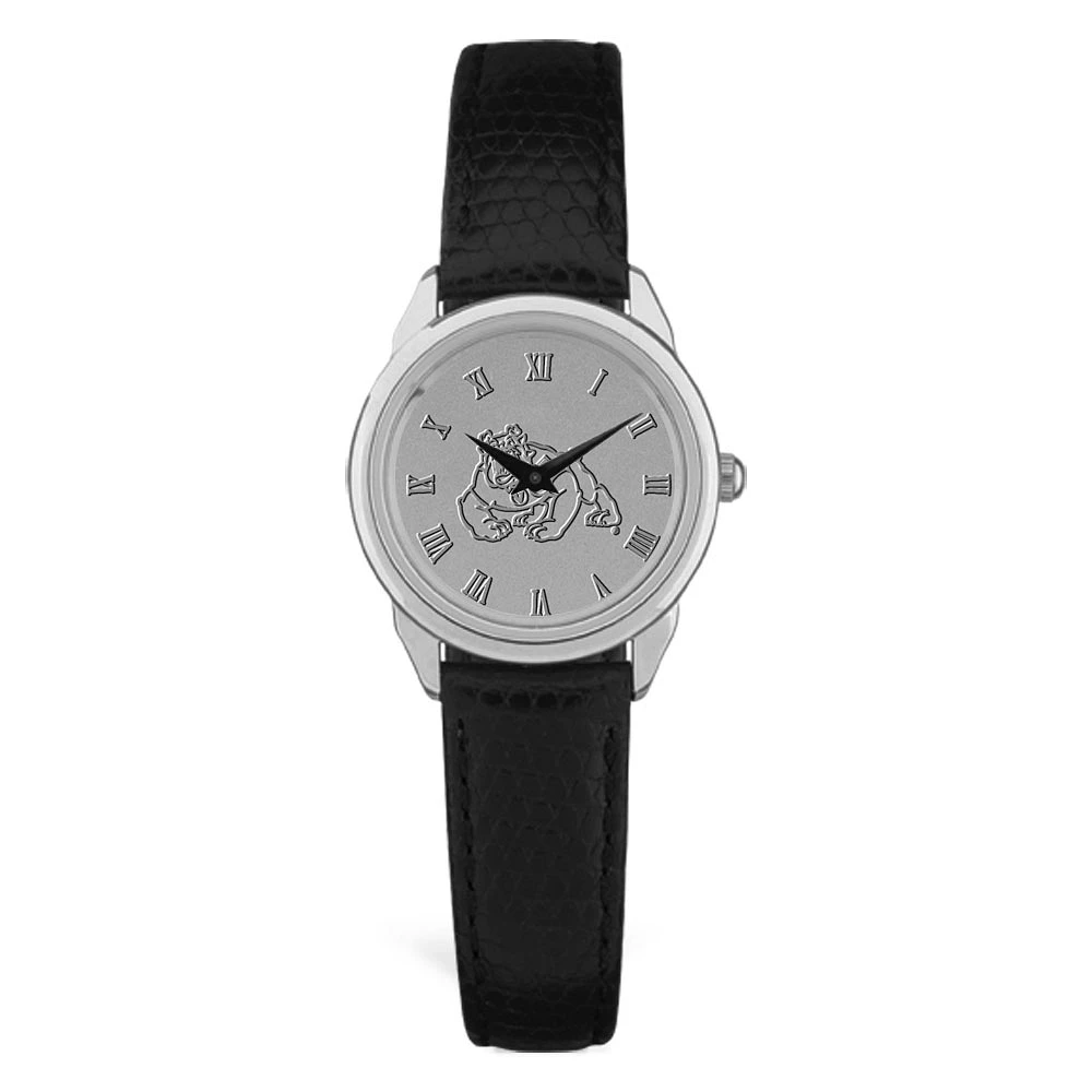 Women's Fresno State Bulldogs Silver Medallion Black Leather Wristwatch