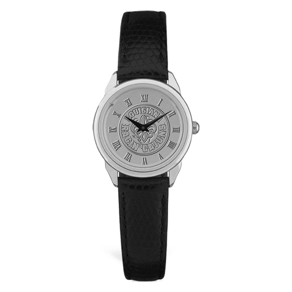 Women's Louisiana Ragin' Cajuns Silver Medallion Black Leather Wristwatch