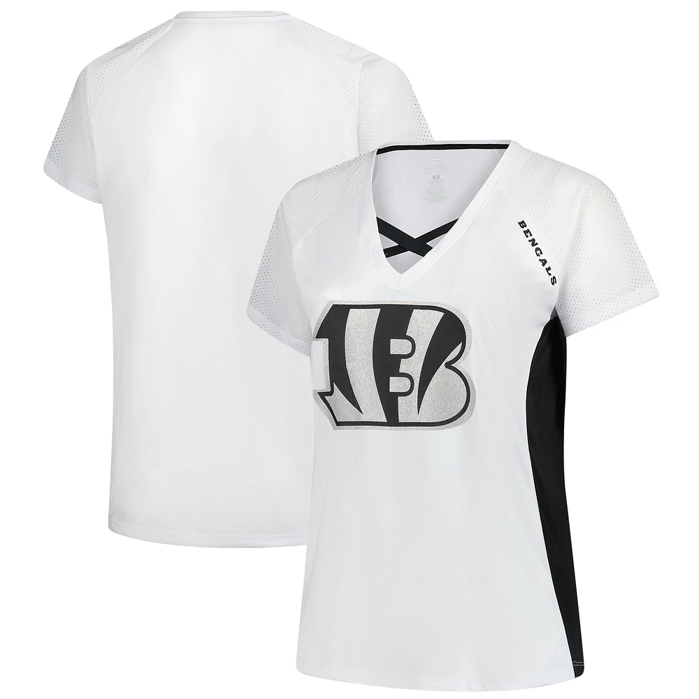 Women's Fanatics White Cincinnati Bengals Plus Glitter Lace-Up V- Neck T-Shirt