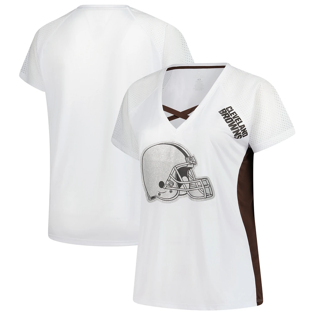 Women's Fanatics White Cleveland Browns Plus Glitter Lace-Up V- Neck T-Shirt