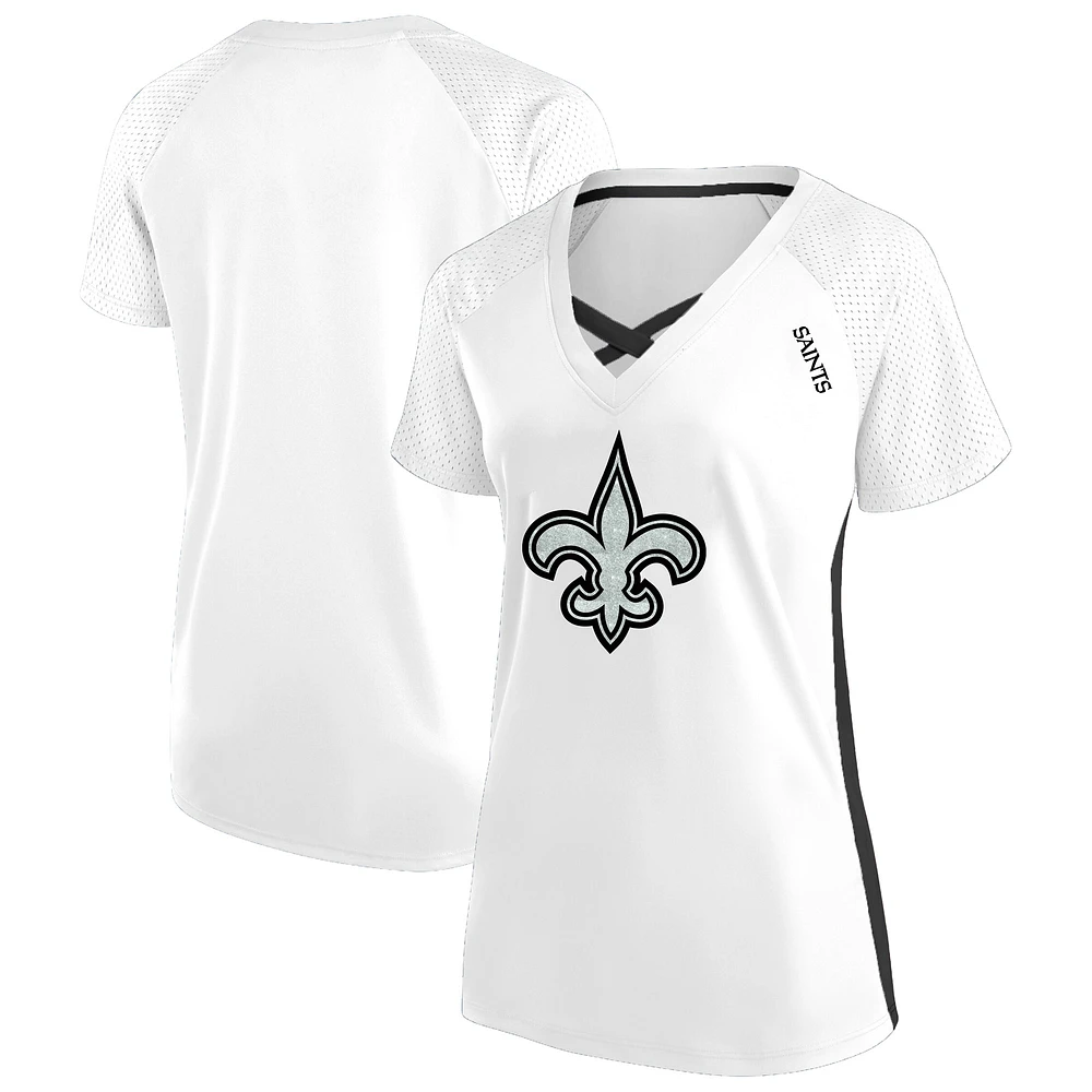 Women's Fanatics White New Orleans Saints Plus Glitter Lace-Up V- Neck T-Shirt