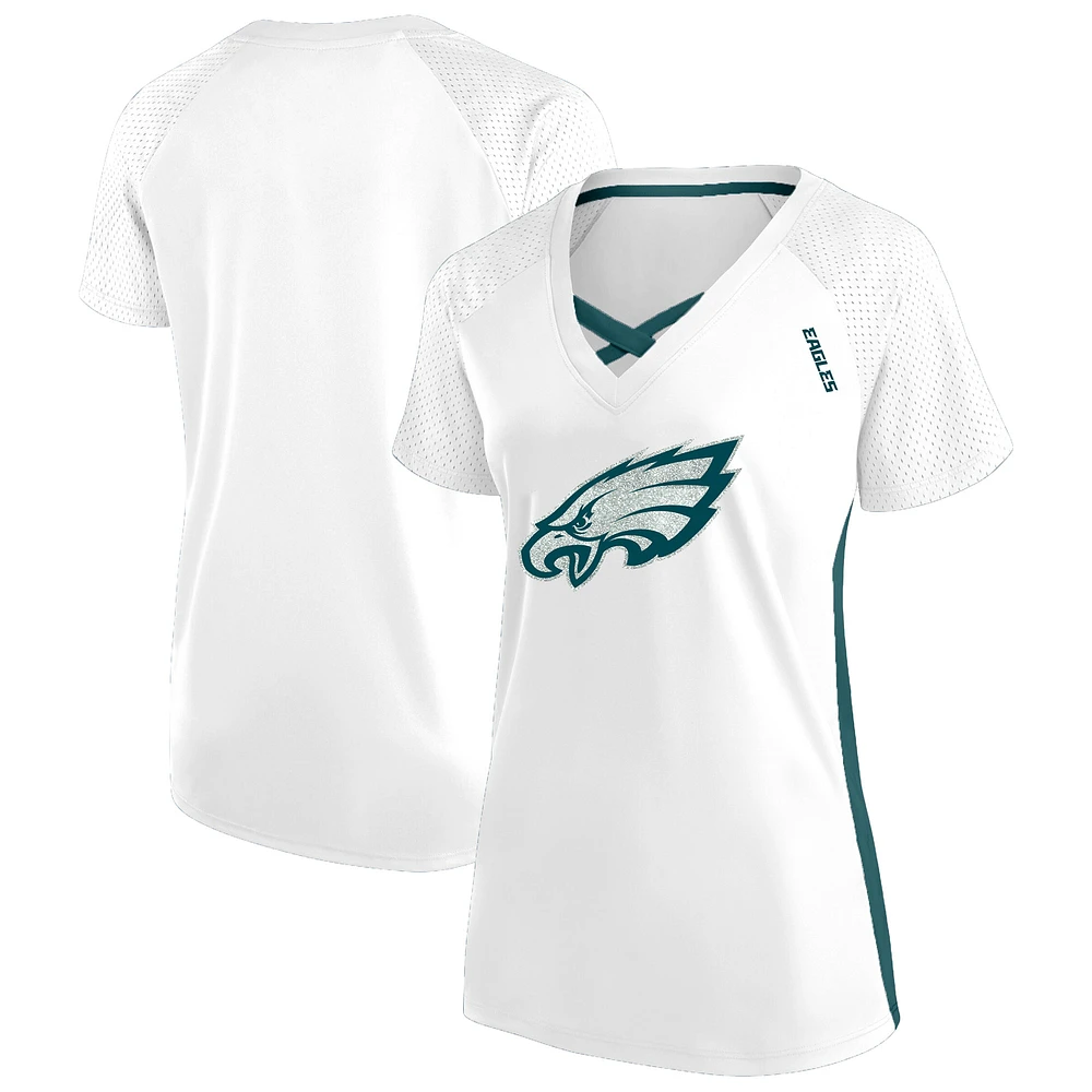 Women's Fanatics White Philadelphia Eagles Plus Size Glitter Lace-Up V- Neck T-Shirt