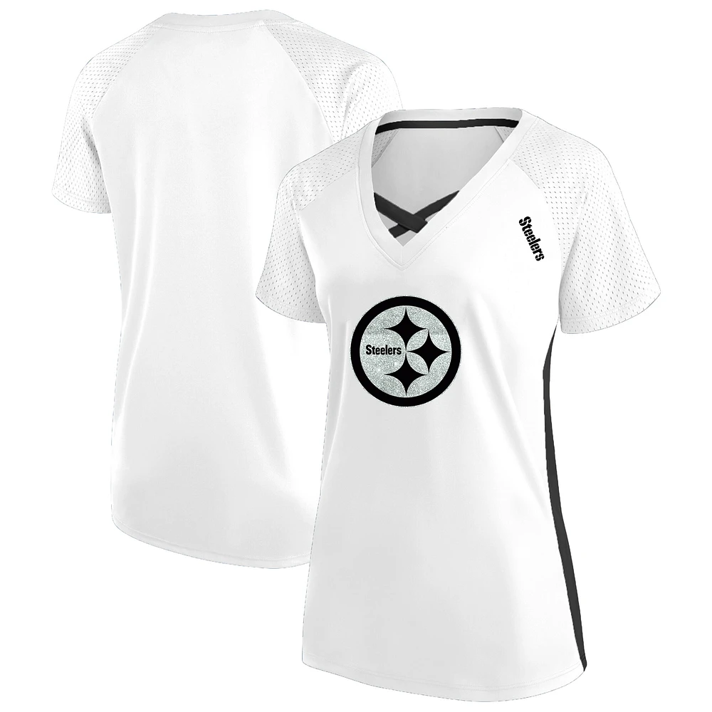Women's Fanatics White Pittsburgh Steelers Plus Size Glitter Lace-Up V- Neck T-Shirt