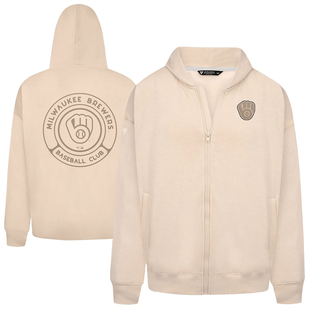 Men's Levelwear Khaki Milwaukee Brewers Uphill Oversized Full-Zip Hoodie