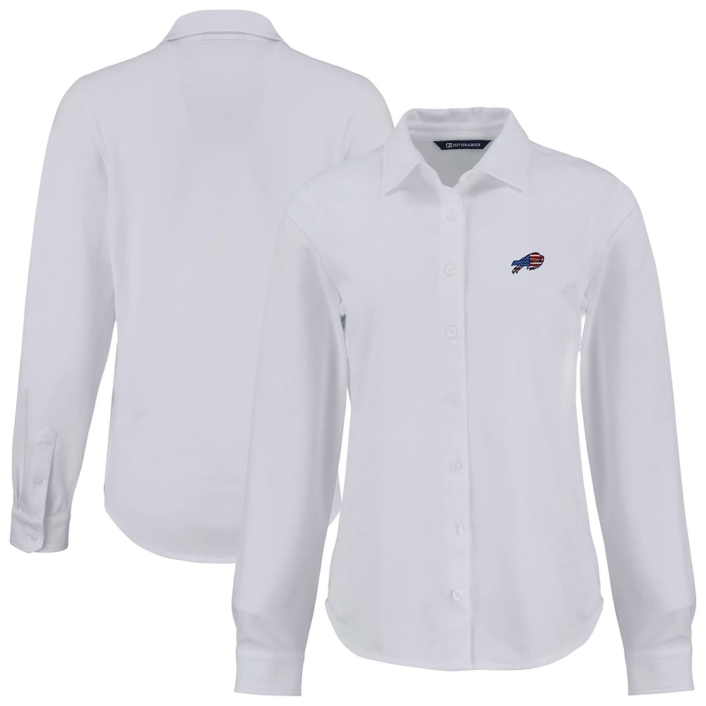 Women's Cutter & Buck White Buffalo Bills Americana Advantage Eco Soft Pique Tri-Blend Long Sleeve Button-Up Shirt