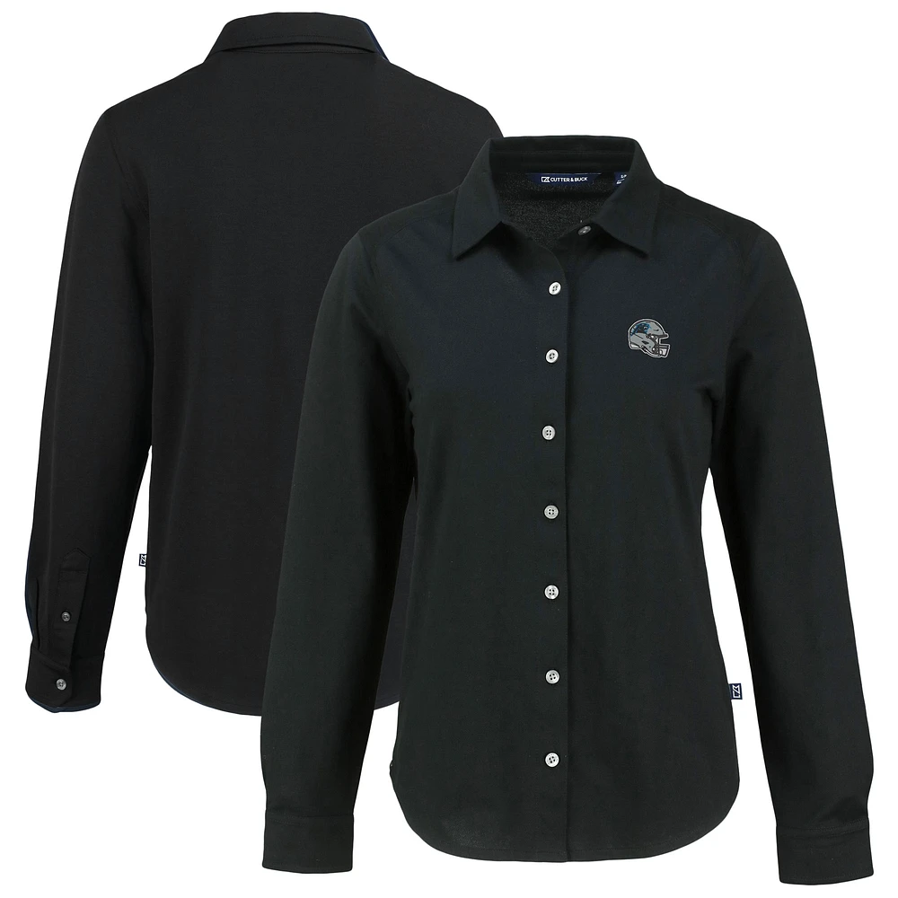Women's Cutter & Buck Carolina Panthers Advantage Eco Soft Pique Tri-Blend Long Sleeve Button-Up Shirt
