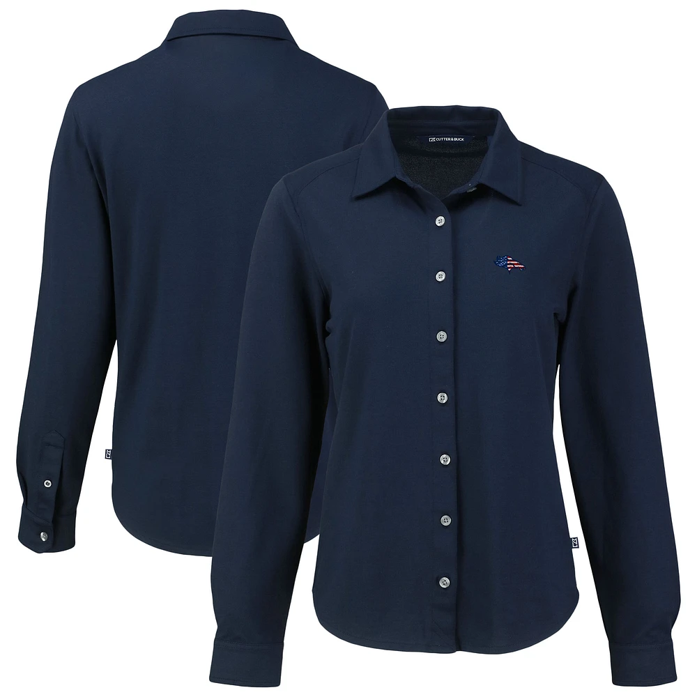 Women's Cutter & Buck Navy Denver Broncos Americana Advantage Eco Soft Pique Tri-Blend Long Sleeve Button-Up Shirt
