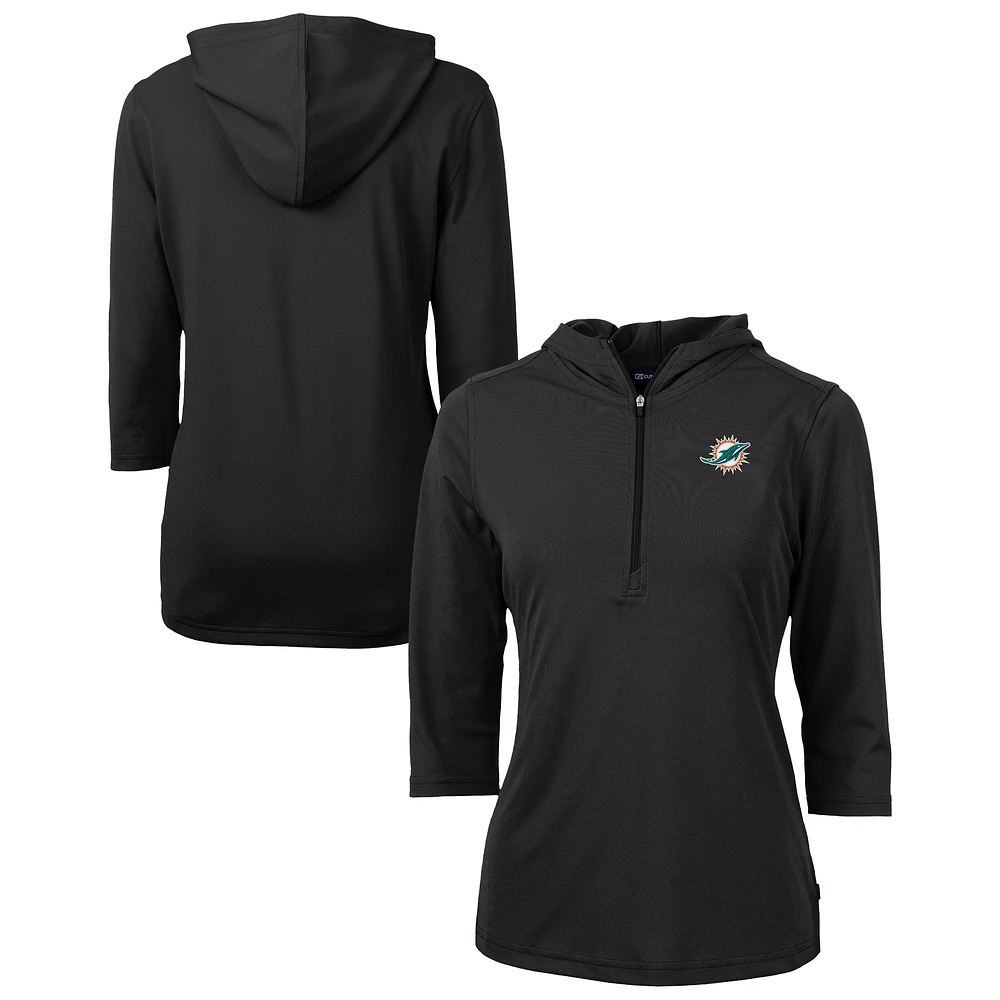 Women's Cutter & Buck Black Miami Dolphins DryTec Virtue Eco Pique Recycled 3/4-Sleeve Half-Zip Pullover Hoodie