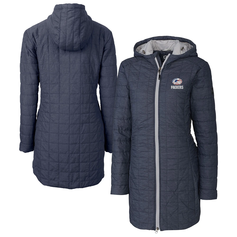 Women's Cutter & Buck Navy Green Bay Packers Americana Rainier PrimaLoft® Eco Insulated Full-Zip Hoodie Long Coat