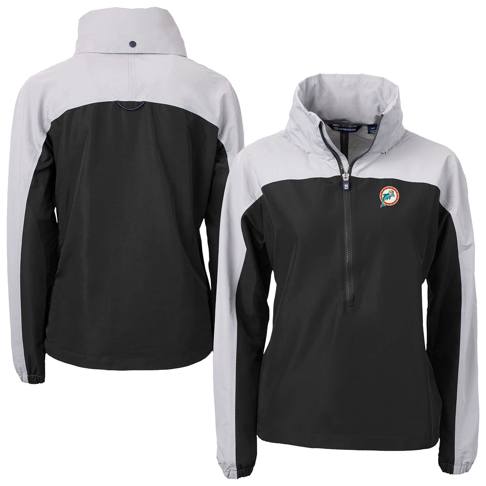 Women's Cutter & Buck Black Miami Dolphins Charter Eco Recycled Half-Zip Hooded Anorak Jacket
