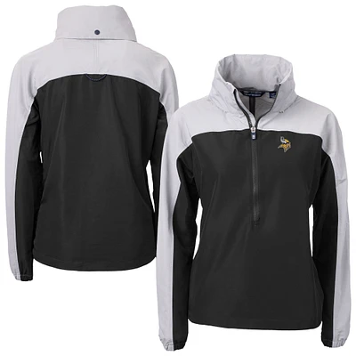Women's Cutter & Buck Black Minnesota Vikings Charter Eco Recycled Half-Zip Hooded Anorak Jacket