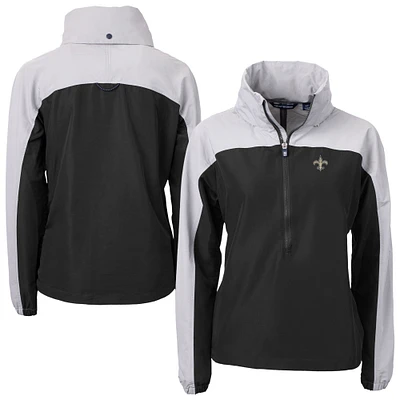 Women's Cutter & Buck Black New Orleans Saints Charter Eco Recycled Half-Zip Hooded Anorak Jacket