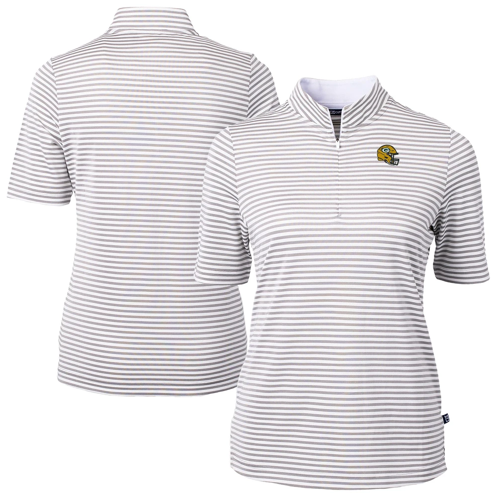 Women's Cutter & Buck Gray Green Bay Packers Virtue Eco Pique Stripe Recycled Quarter-Zip Top