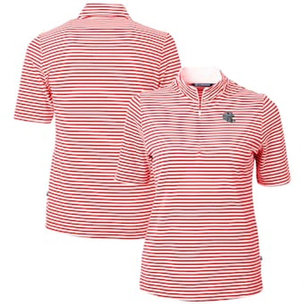 Women's Cutter & Buck Red New England Patriots Helmet Logo Virtue Eco Pique Stripe Recycled Quarter-Zip Top