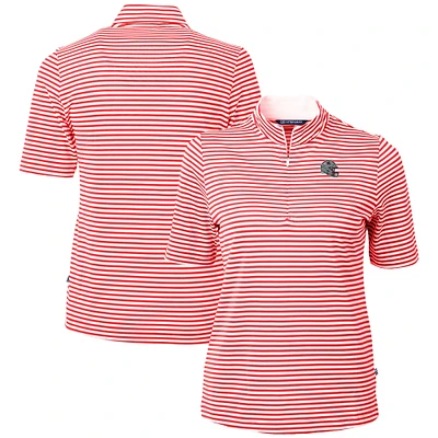 Women's Cutter & Buck Red New England Patriots Helmet Logo Virtue Eco Pique Stripe Recycled Quarter-Zip Top
