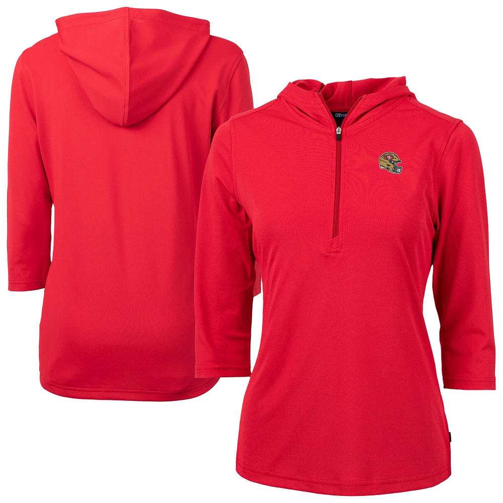 Women's Cutter & Buck Red San Francisco 49ers DryTec Virtue Eco Pique Recycled 3/4-Sleeve Half-Zip Pullover Hoodie