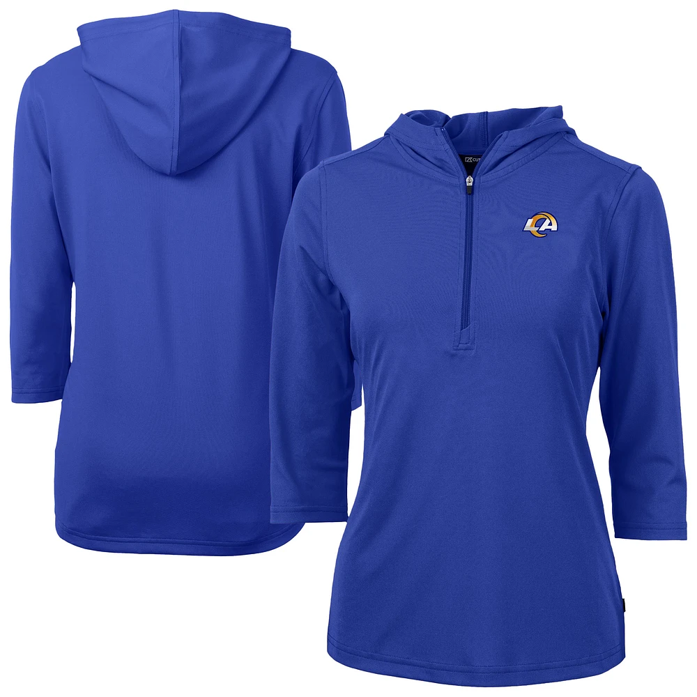 Women's Cutter & Buck Blue Los Angeles Rams DryTec Virtue Eco Pique Recycled 3/4-Sleeve Half-Zip Pullover Hoodie