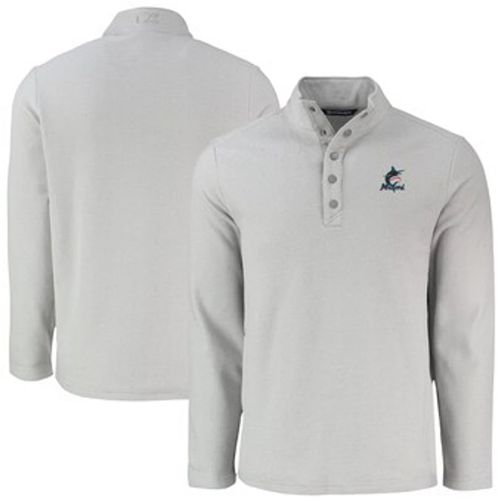 Men's Cutter & Buck Gray Miami Marlins Hunts Point Eco Textured Fleece Recycled Half-Snap Sweatshirt