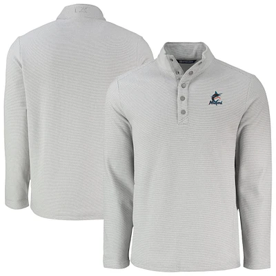 Men's Cutter & Buck Gray Miami Marlins Hunts Point Eco Textured Fleece Recycled Half-Snap Sweatshirt