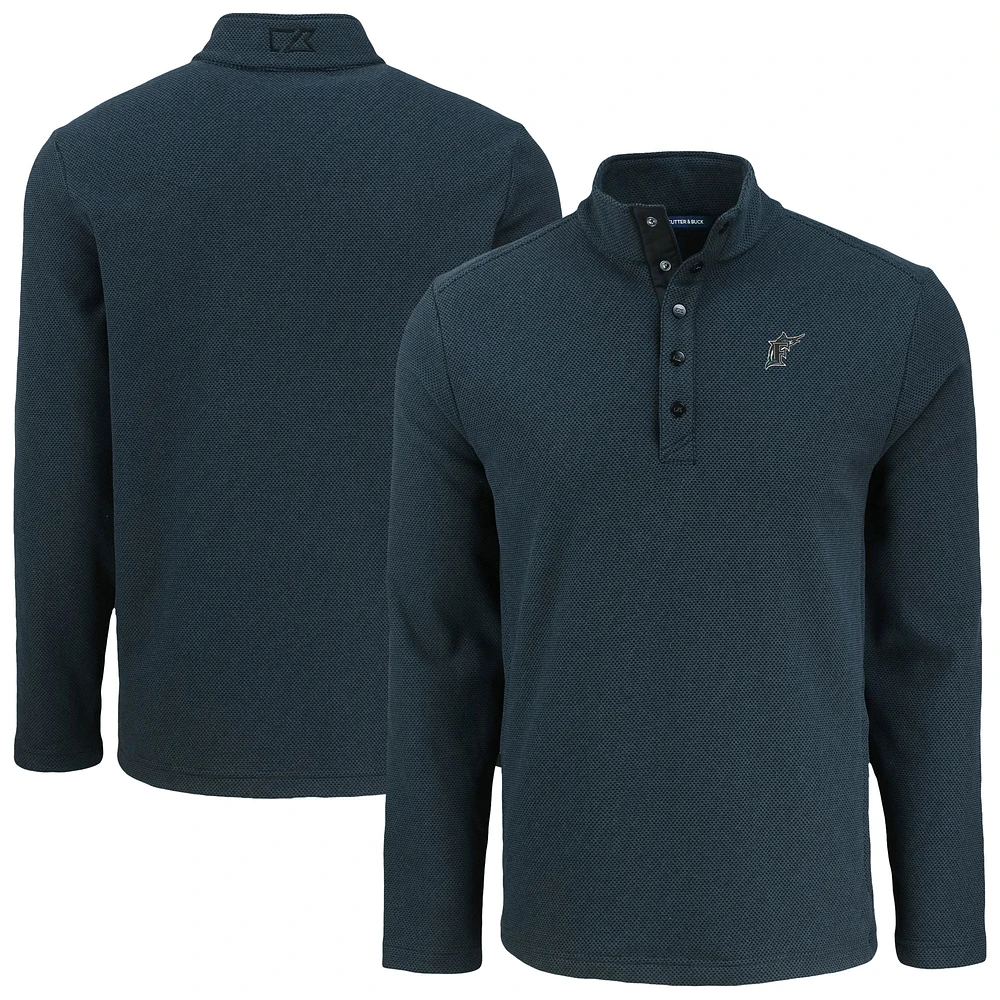 Men's Cutter & Buck Black Miami Marlins Hunts Point Eco Textured Fleece Recycled Half-Snap Sweatshirt