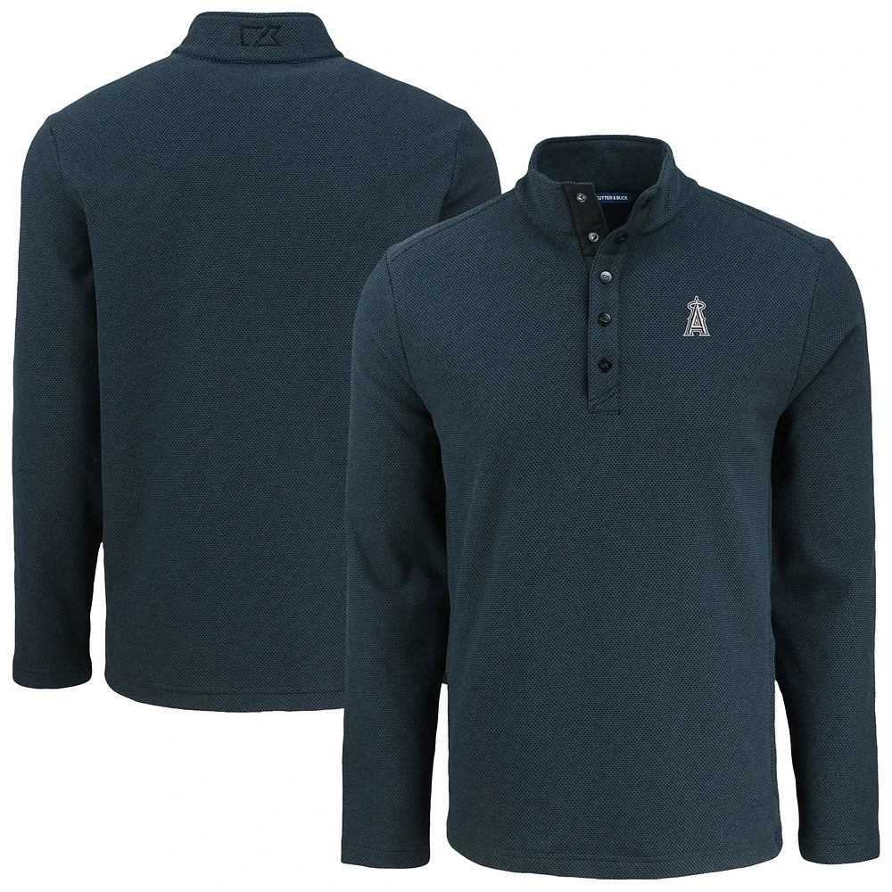 Men's Cutter & Buck Black Los Angeles Angels Hunts Point Eco Textured Fleece Recycled Half-Snap Sweatshirt